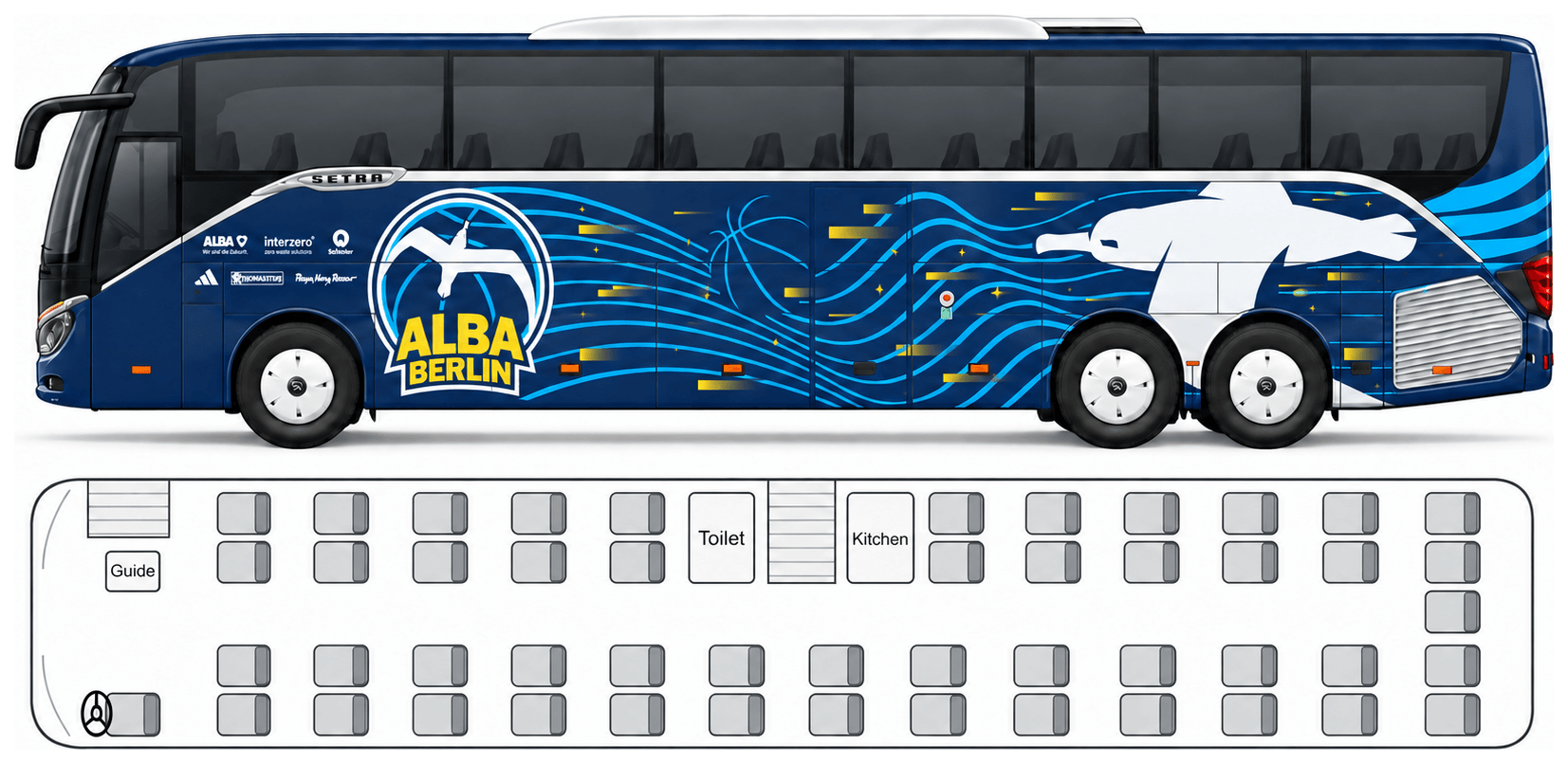 Seating plan of the ALBA BERLIN team coach: side view and floor plan with 49 seats, on-board kitchen, toilet and tour guide seat