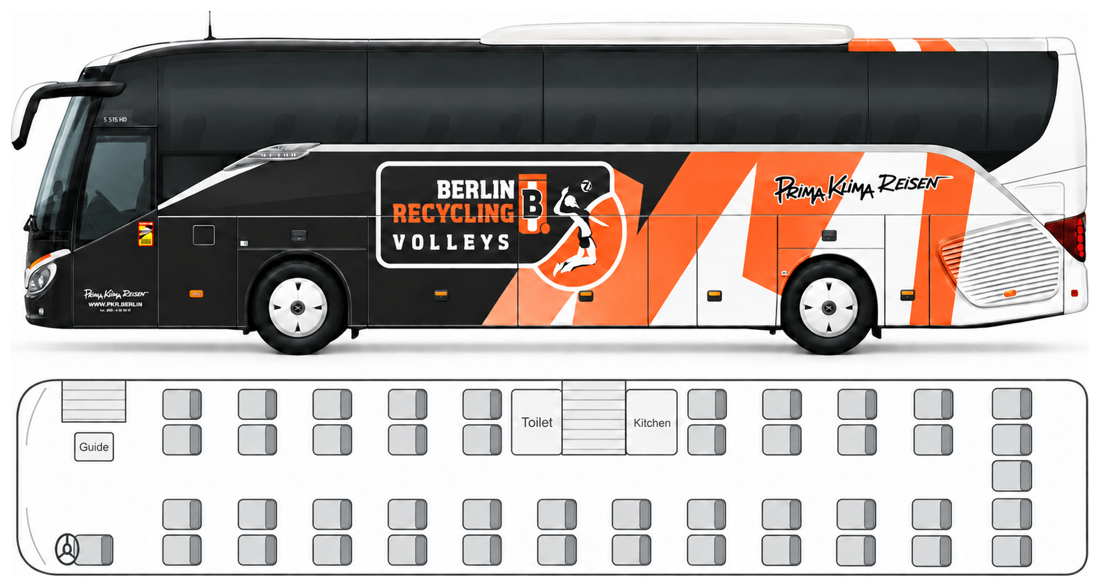 Seating plan of the BR Volleys team coach: side view and floor plan with 45 seats, on-board kitchen, toilet and tour guide seat