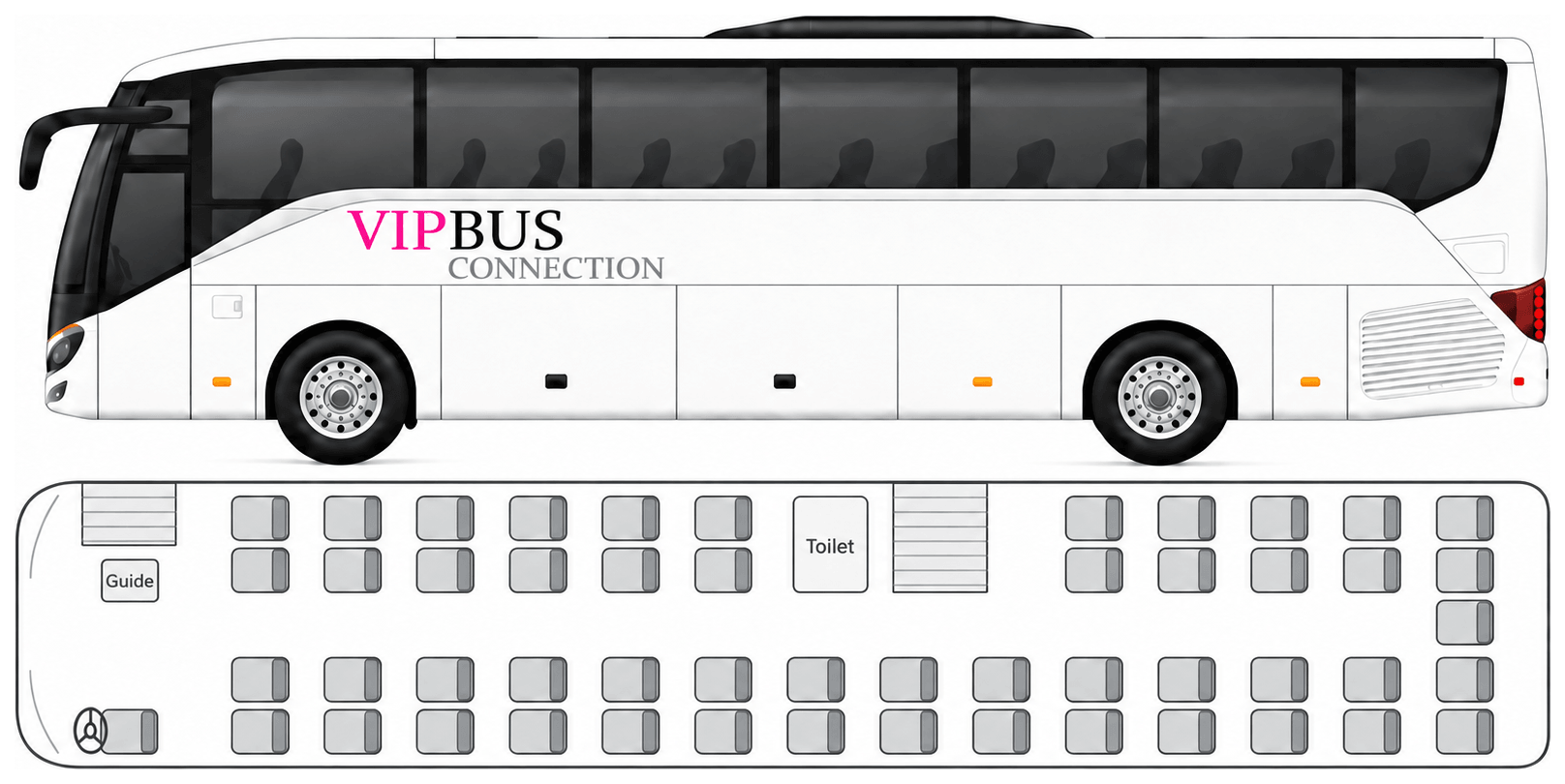Seating plan of the L-Class: side view and floor plan with rows of seats, toilet and tour guide seat