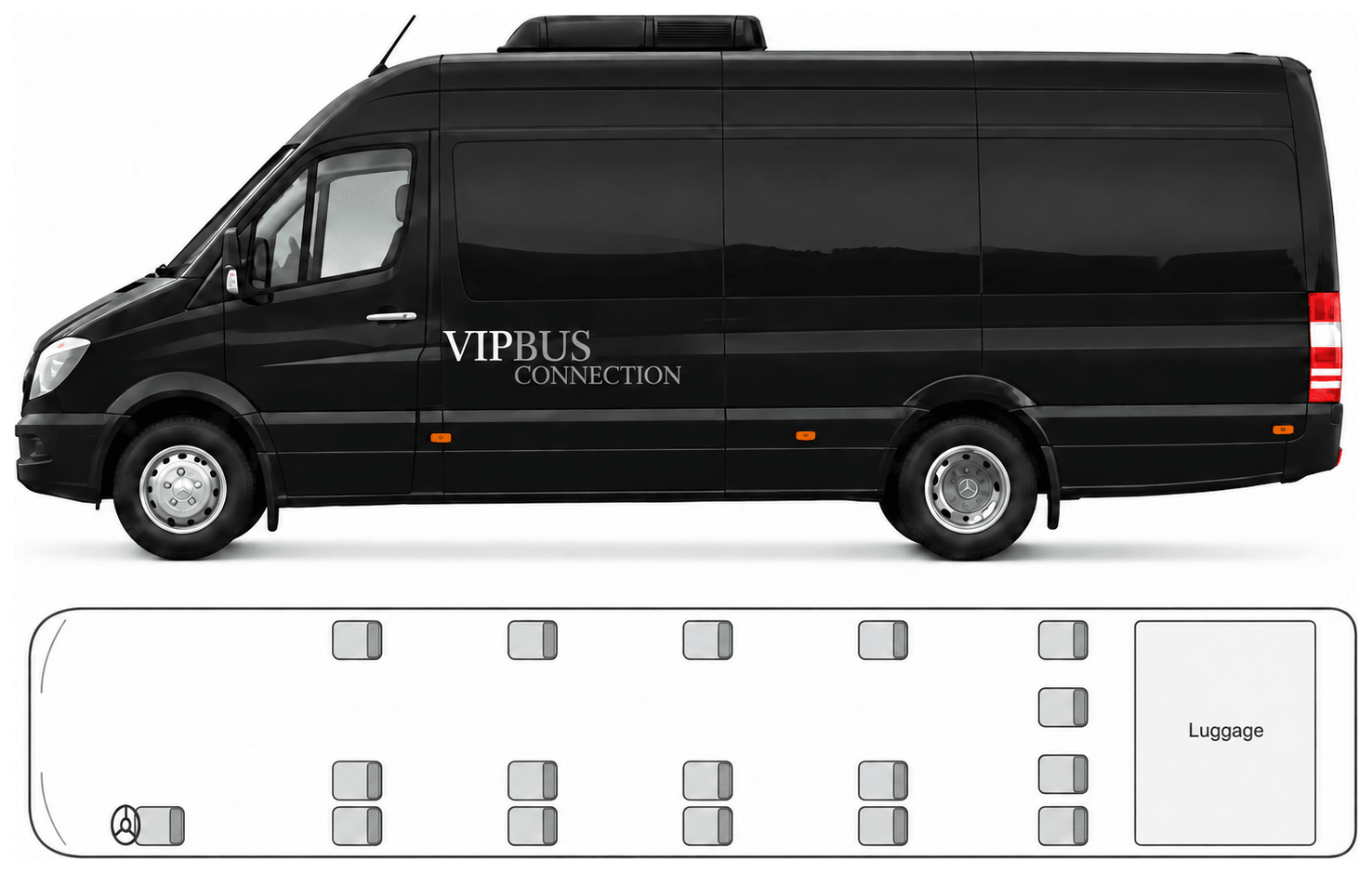 Seating plan of the S-Class: side view of the bus and floor plan with seats and luggage compartment
