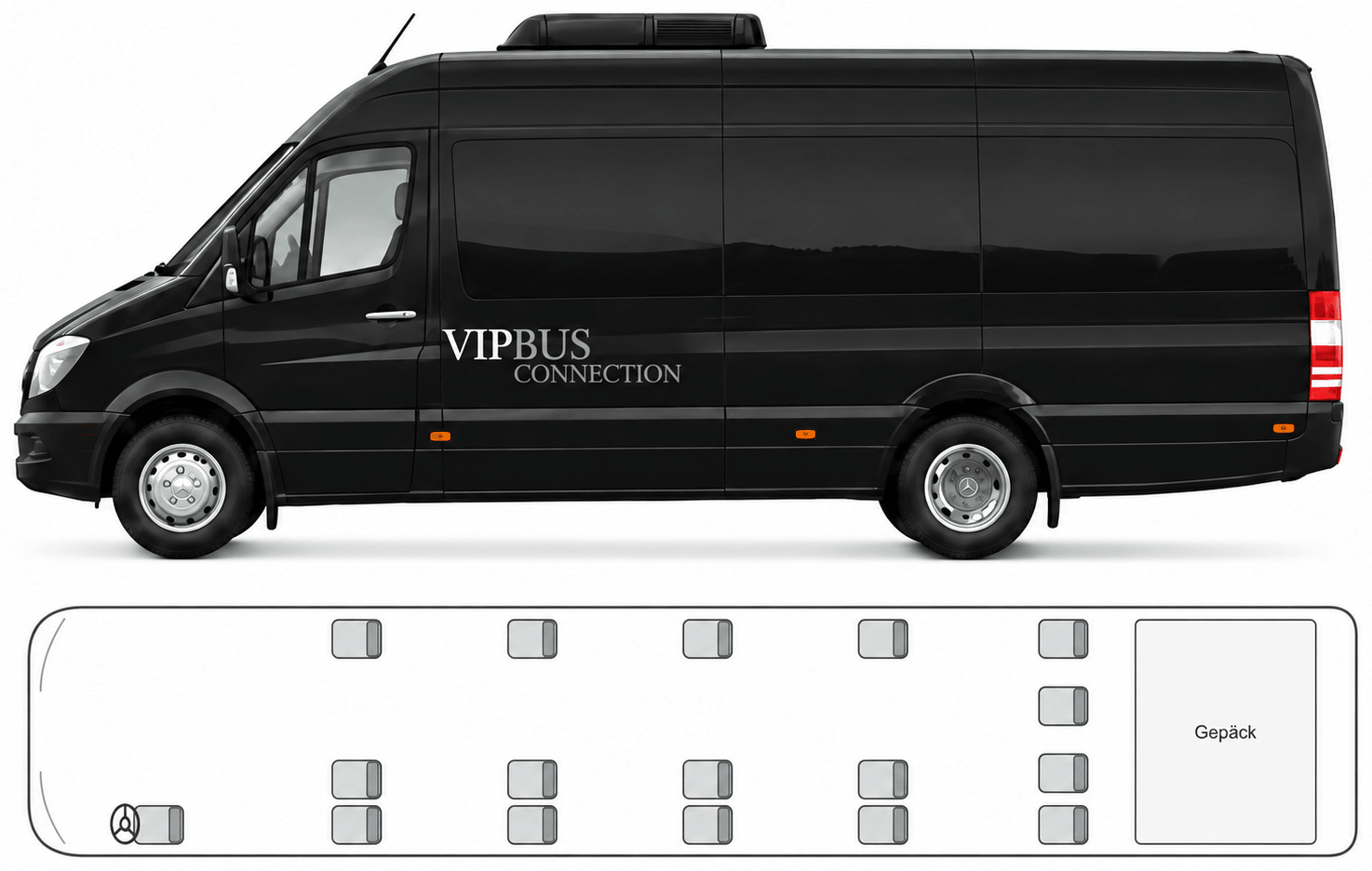 Sitzplan der S-Klasse: Seitenansicht des Busses und Grundriss mit Sitzen und Gepäckraum