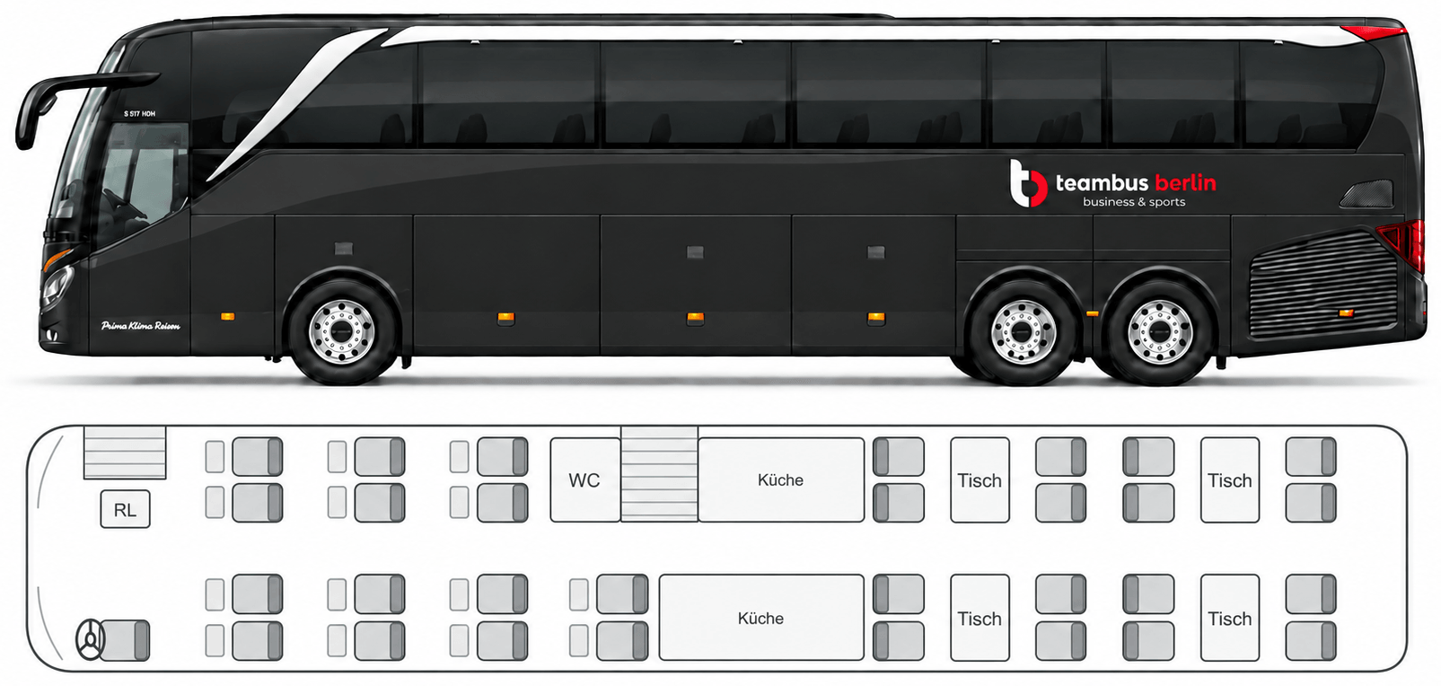 Sitzplan des Teambus: Seitenansicht und Grundriss mit 30 Sitzen, vier Tischen, zwei Bordküchen, WC und Reiseleitersitz