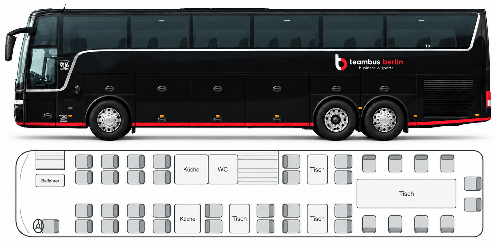 Sitzplan des Teambus Van Hool: Seitenansicht und Grundriss mit 38 Sitzen, Lounge mit großem Tisch im Heck, drei weiteren Tischen, zwei Bordküchen, WC und Beifahrersitz