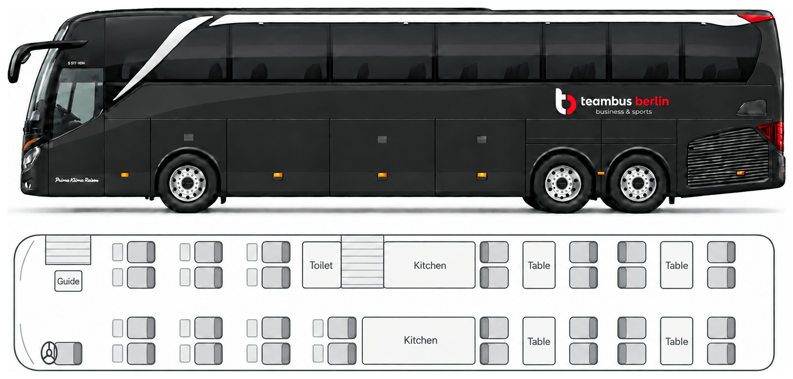 Seating plan of the Teambus: side view and floor plan with 30 seats, four tables, two on-board kitchens, toilet and tour guide seat