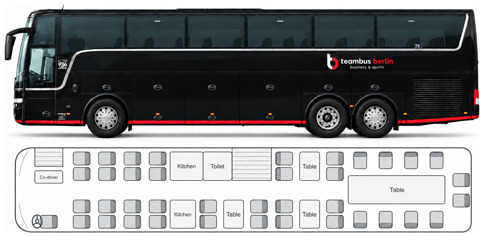 Seating plan of the Teambus Van Hool: side view and floor plan with 38 seats, a lounge with a large table in the rear, three further tables, two on-board kitchens, toilet and co-driver seat