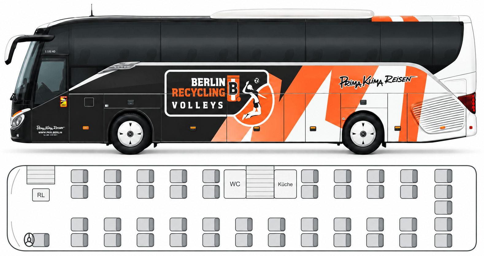 Sitzplan des BR-Volleys-Mannschaftsbusses: Seitenansicht und Grundriss mit 45 Sitzen, Bordküche, WC und Reiseleitersitz