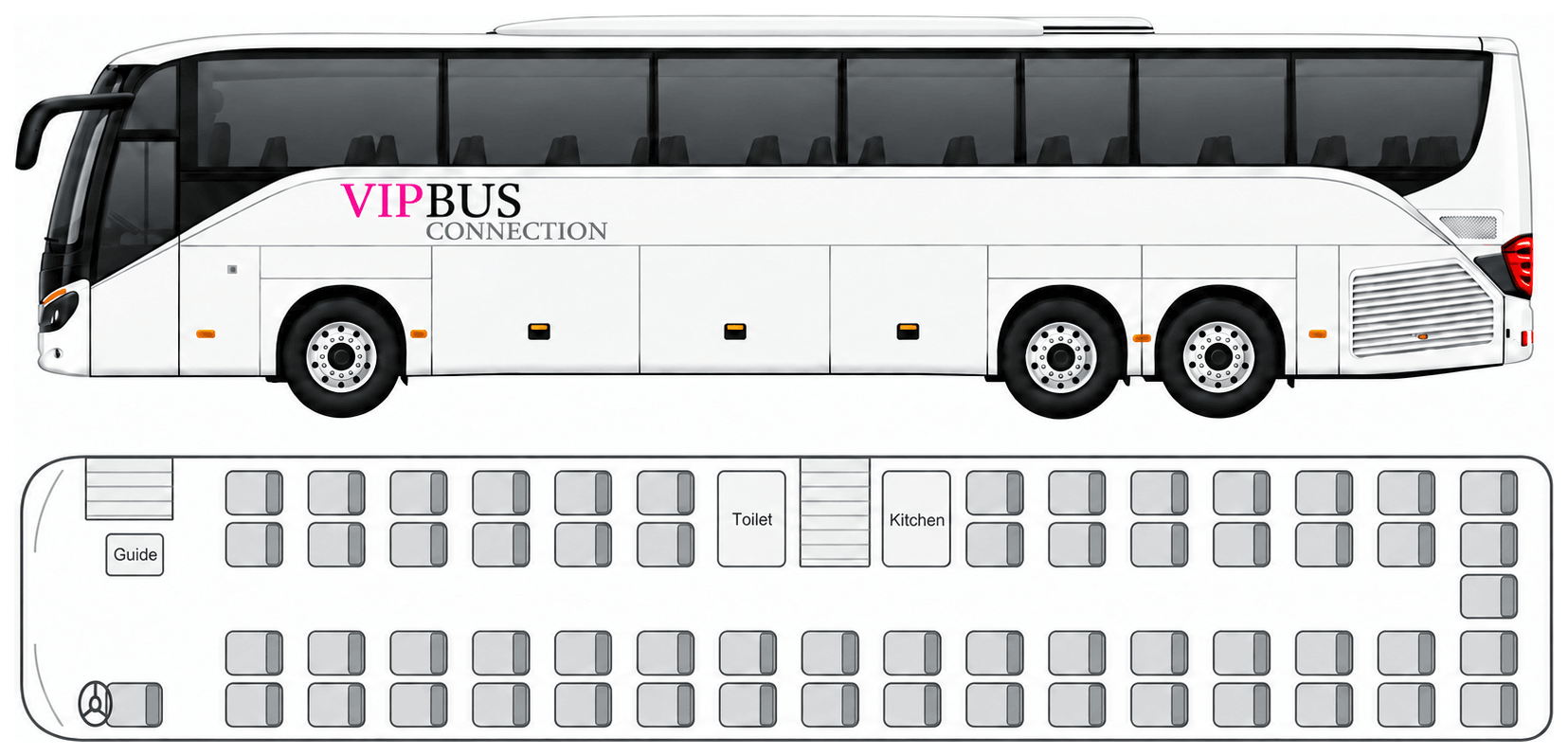 Seating plan of the XL-Class: side view and floor plan with rows of seats, toilet, kitchen and tour guide seat